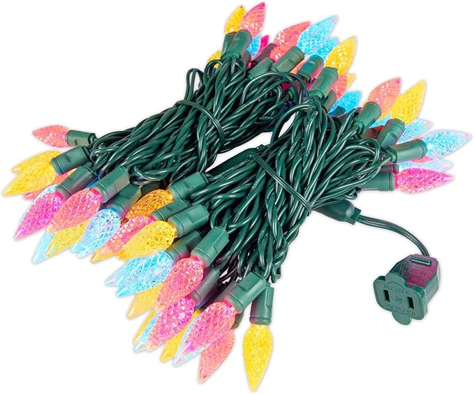 70 Light 24Ft Spring Easter Lights Commercial String Lights C6 LED Strawberry Faceted Bulb – Yellow/Teal/Pink, Green Wire, Indoor/Outdoor, Full Wave No Flicker, Connect 43 Sets