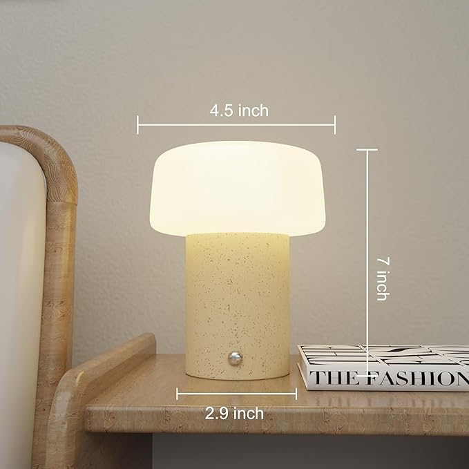 7 inch Mushroom Lamp, Cute Cordless Rechargeable Table Lamp with Glass Shade, 3 Color Temps LED Dimmable Ambient Lighting, Small Retro Touch Bedside Light for Decor, Resin Base.