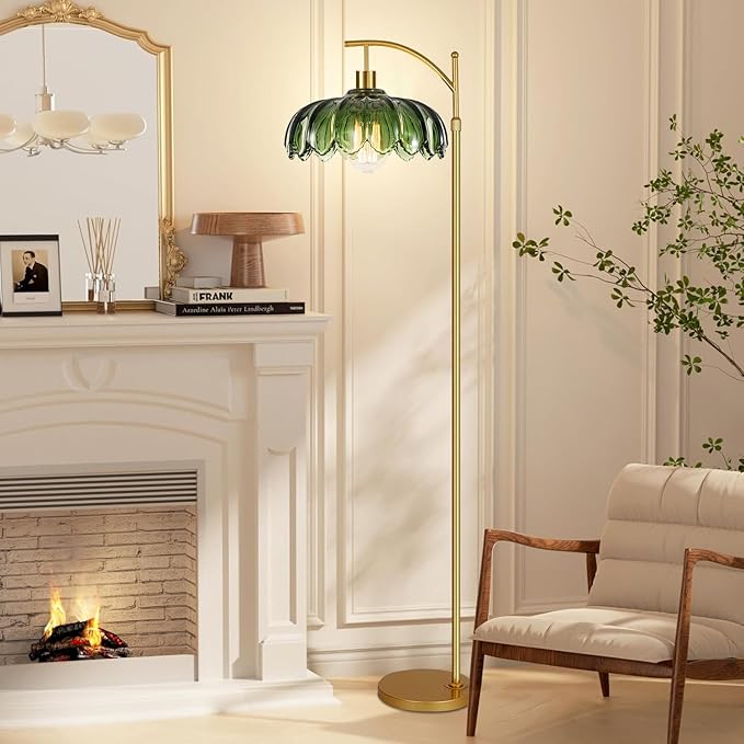 Gold Floor Lamp for Living Room,Bedroom,Mid Century Modern Standing Lamp with Remote,Dimmable Brass Tall Lamp Vintage Retro Green Glass Arc Floor Flower Floor Light Boho Bohemian