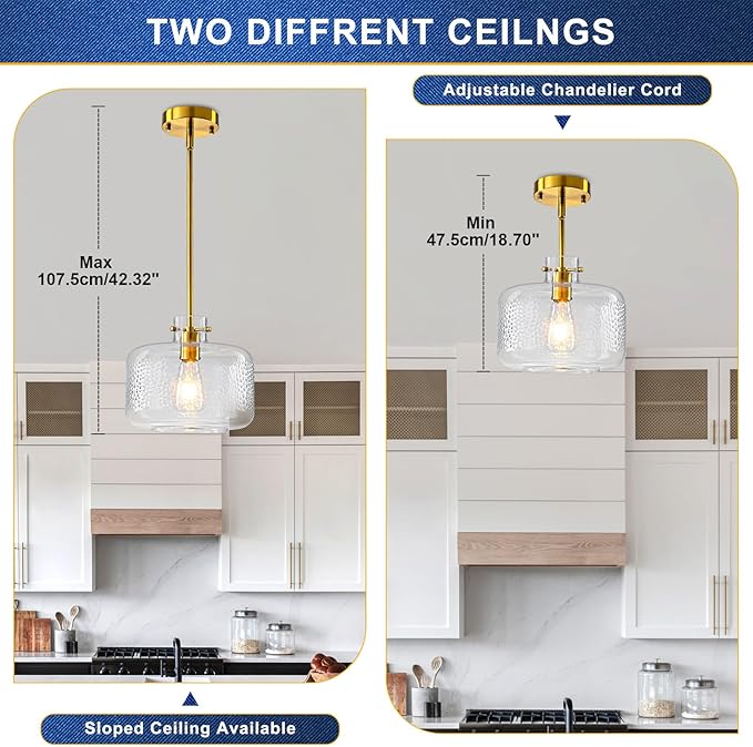 WILON Gold Pendant Lights Kitchen Island, Embossed Clear Glass Chandelier Pendant Light Fixture, Industrial Round Ceiling Pendant Light Fixture for Dining Room Kitchen Island Foyer Entryway(Brass)