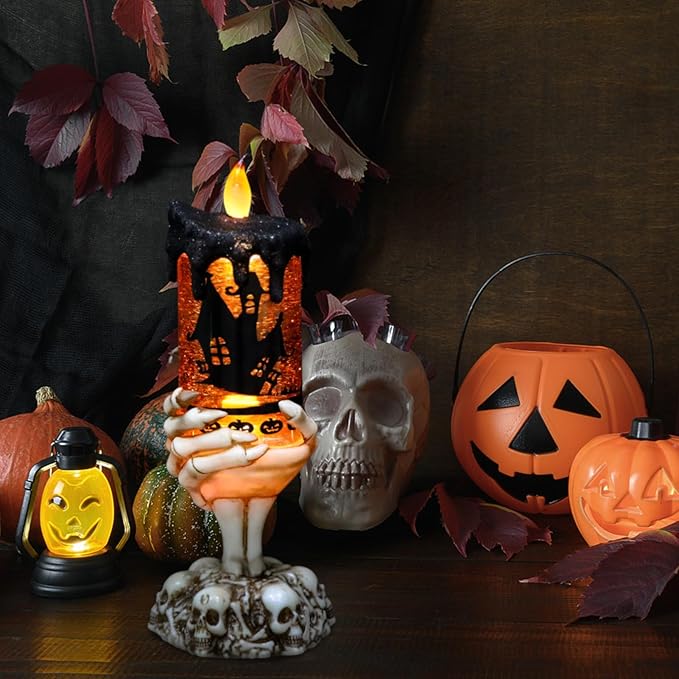 DRomance Halloween Snow Globe Flameless Candle with Timer, Battery Operated Tornado Lamp Skeleton Hand Candle Holder Yellow Light Glittering Spinning Water Halloween Table Decor(Bats, 4" x 10")