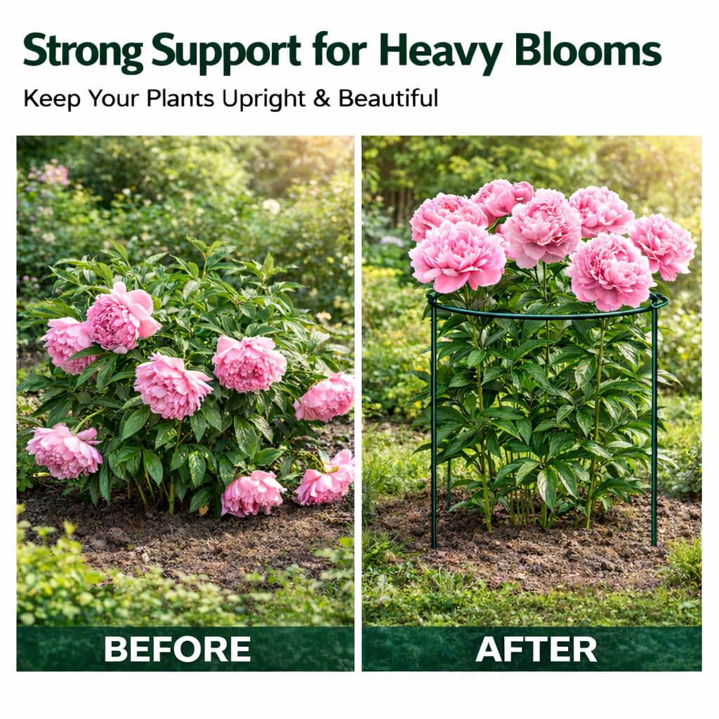 8 Pack Peony Support Cages, 10" W x 16" H Half Round Peony Plant Supports, Heavy Duty Metal Plant Support Stakes, Green Garden Plant Support Rings for Peony, Hydrangea,Tomato & Flowers