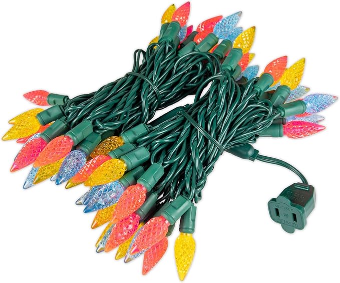 70 Light 24Ft Spring Easter Lights Commercial String Lights C6 LED Strawberry Faceted Bulb – Yellow/Teal/Pink, Green Wire, Indoor/Outdoor, Full Wave No Flicker, Connect 43 Sets