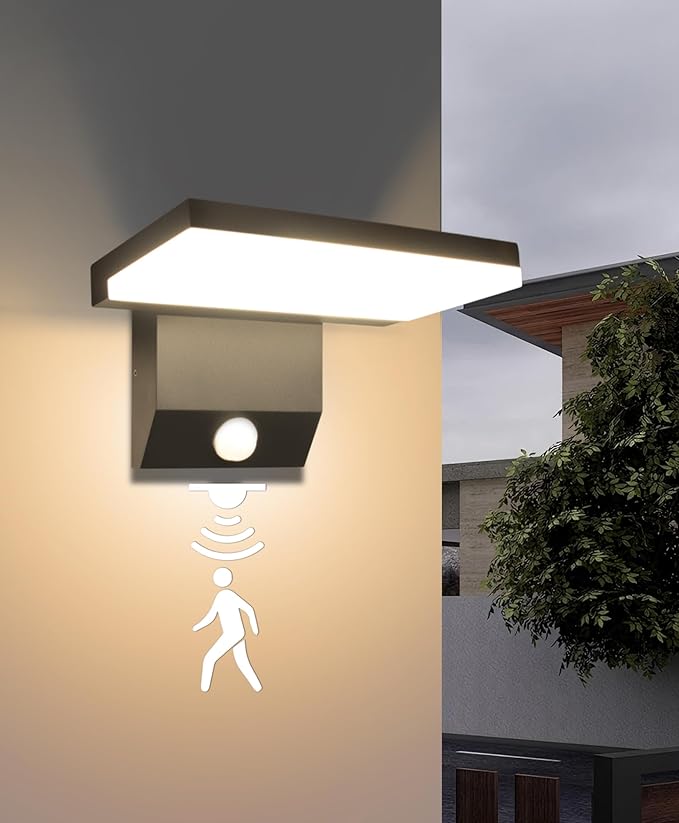 Motion Sensor Outdoor Light, 18W 1980LM Black Motion Outdoor Wall Lights, IP65 Waterproof Sconce Lighting, LED Porch Lights 3000K Foldable Patio Wall Light Fixture for House Garage Square