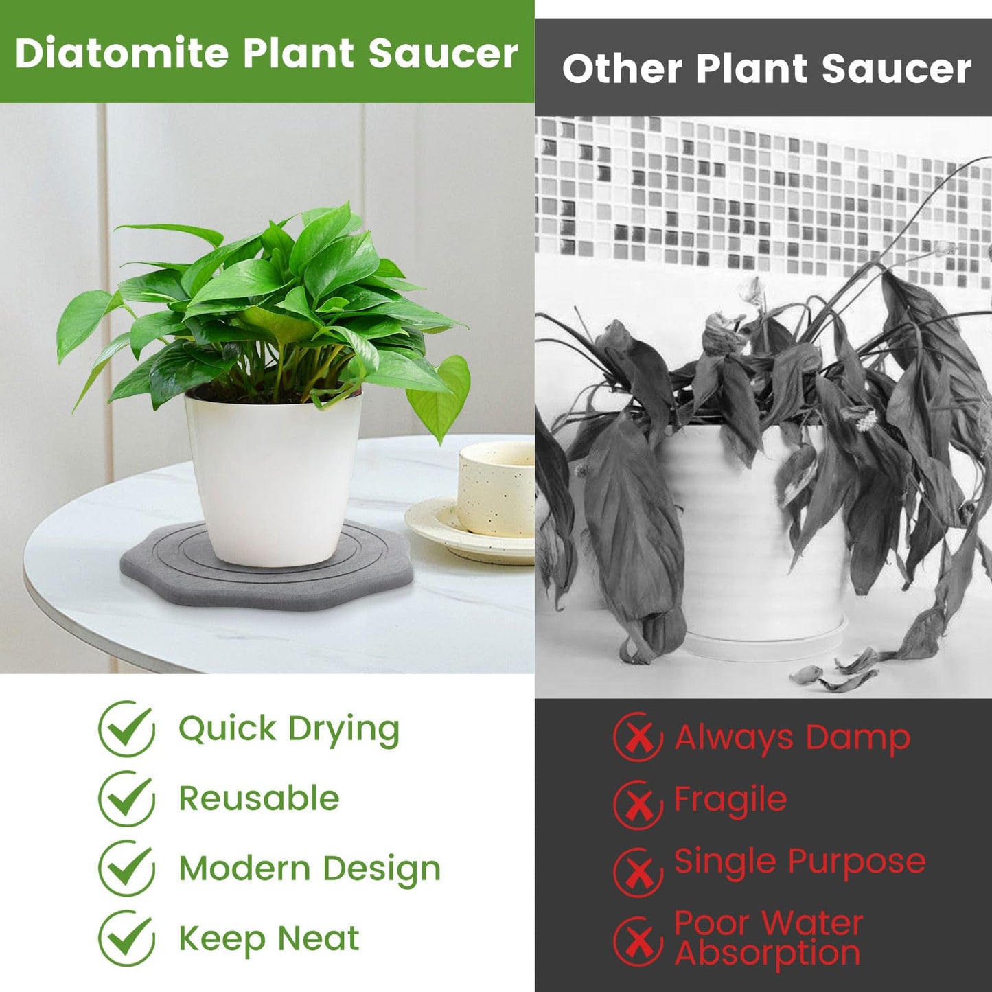 seaflash Plant Saucer for Indoors, 2 Packs 12 inch, Large Diatomaceous Earth Pot Saucers No Holes, Instant Dry Plant Drainage Trays for Pots, Dark Gray