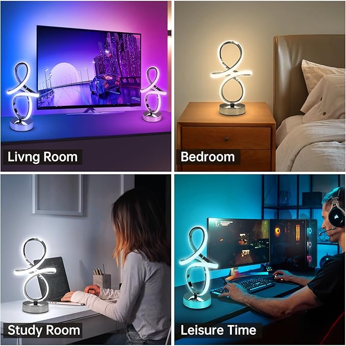 Modern RGB Table Lamps, Multicolor Changing Spiral Bedside Lamp with Remote&APP, Cool Table Lamp, Dimmable LED Nightstand Lamp with Music Rhythm Modes for Bedroom, Living Room, Black(2 Pack)