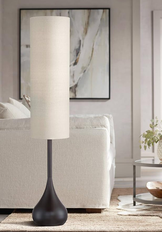 Possini Euro Design Mid Century Modern Retro Floor Lamp Standing 62" Tall Dark Bronze Metal Droplet Off-White Cotton Cylinder Shade Decor for Living Room Reading House Bedroom Home"