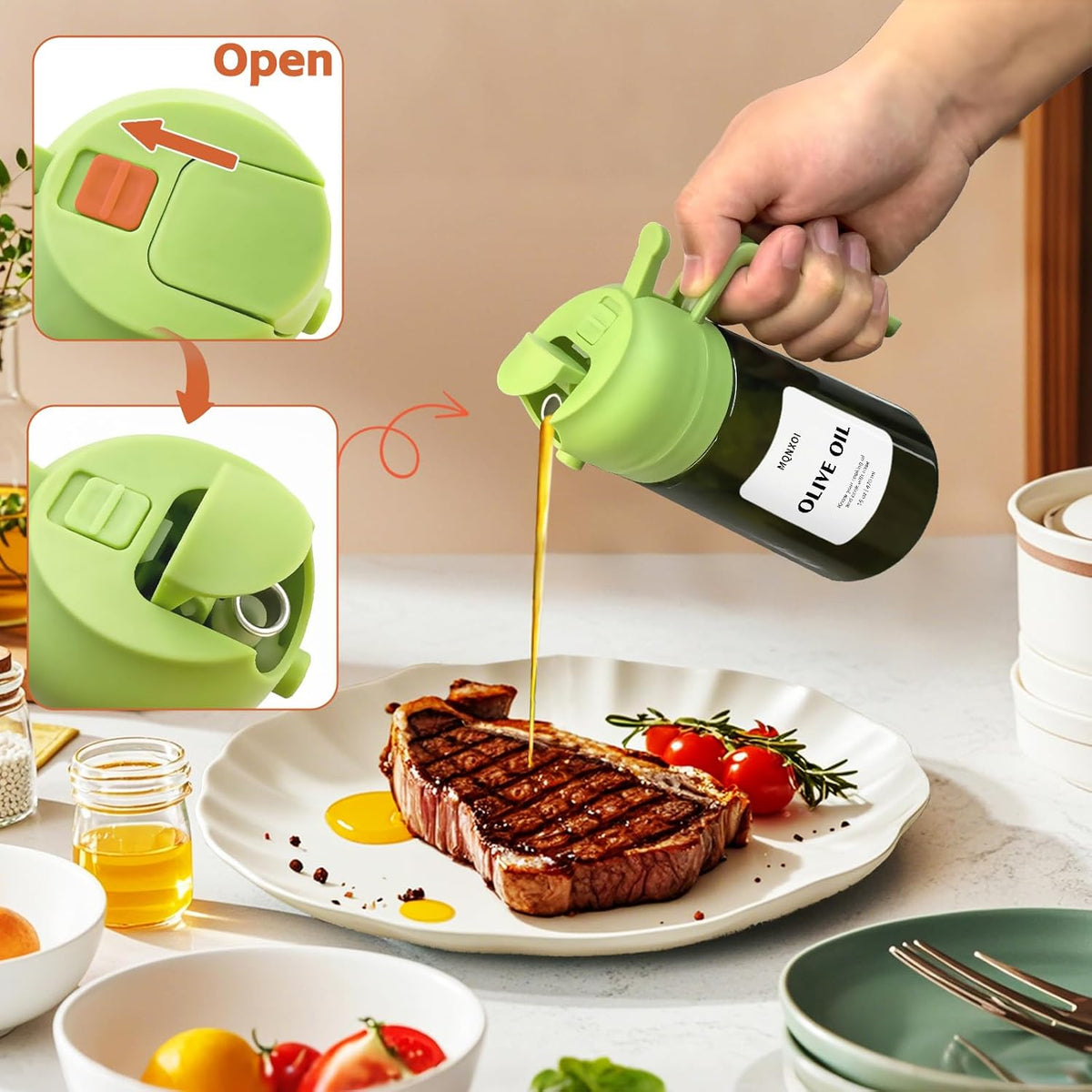 Skiennix 2-in-1 Glass Oil Sprayer & Dispenser - 16oz Olive Oil Bottle for Cooking & Air Fryer Accessories (White & Dark Green)