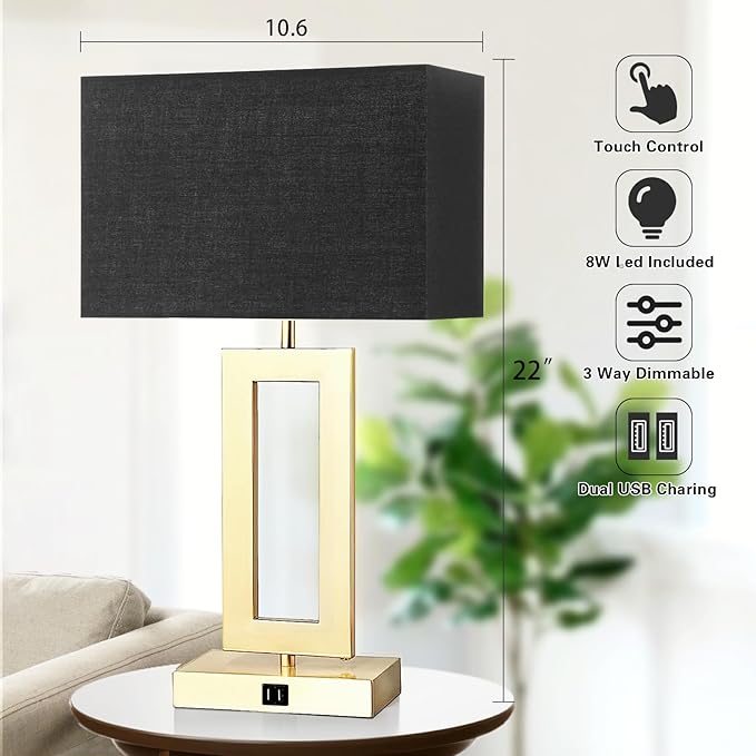 Black Table Lamps Set of 2 with Dual USB Ports,3-Way Dimmable Touch Control Bedside Lamps,22inch Tall Modern Bedroom Table Lamp for Living Room,Nightstand LED Bulbs Included