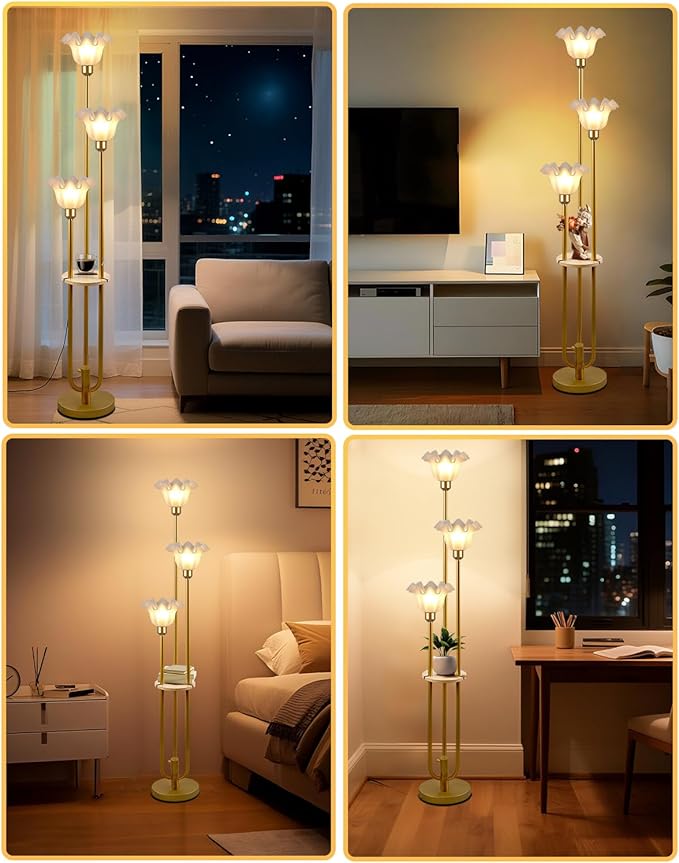 Lightdot Flower Floor Lamp for Living Room, Dimmable Vintage Floor Lamp with Shelf &Bulbs Included, 3 Light 3000K Gold Mid Century Standing Lamp, Floral Tall Lamp for Bedroom/Sofa Beside/Corner Decor