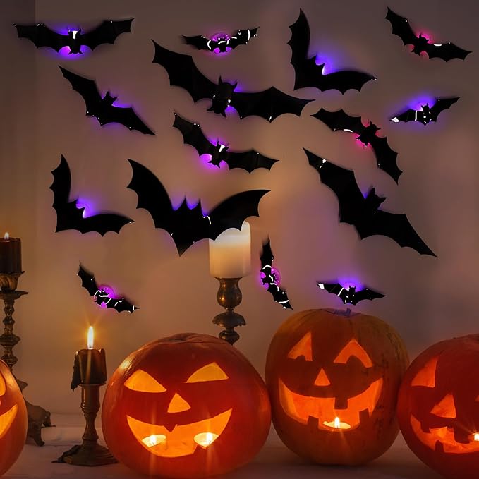 Halloween LED Bats Light Wall Stickers Glow in The Dark 3D Wall Decor for Home Decor Indoor Party Decorations (12, 5 Sizes)