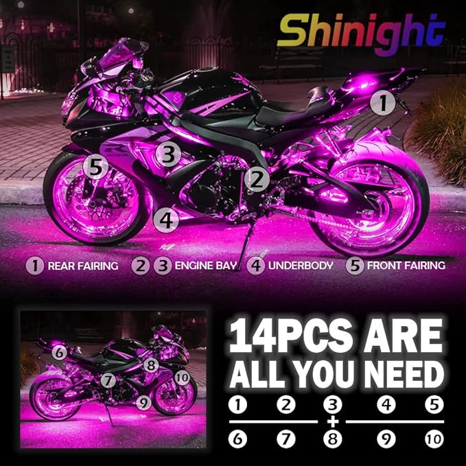 SHINIGHT 14 Pcs Motorcycle LED Light Kits, App Control Multicolor Waterproof Motorcycle LED Strip Lights with RF Remote, Music Sync & Multiple Scene Modes RGB LED Lights for Motorcycles
