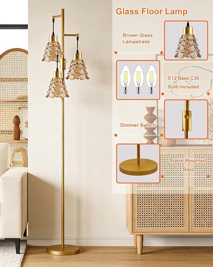 Lightdot 67" Glass Floor Lamps for Living Room, 3-Light Dimmable Floor Lamp with Brown Glass Shade& E12 Bulbs Included, Mid Century Standing Tall Lamp for Bedroom/Sofa Beside/Corner Decor-Gold