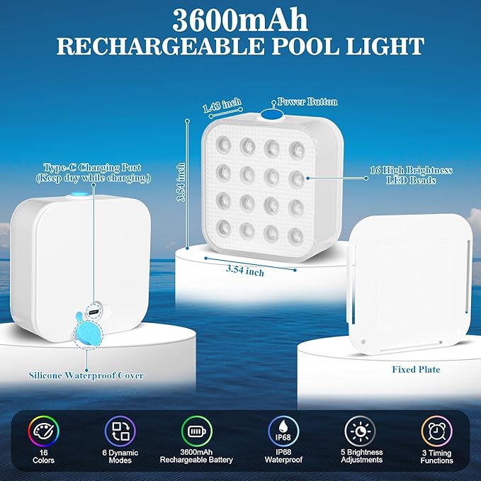 Creatrek Rechargeable Pool Lights with Remote, 16 Color Changing Submersible LED Lights, Waterproof Pool for inground, Ponds, Bathtub Decorations, 1 Pack