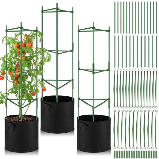 Colingmill 3 Pack 47" Tomato Cages with 10 Gallon Grow Bag Adjustable Tomato Cages for Garden Trellis Pots for Potted Plants Vertical Climbing Vegetables Outdoor Indoor
