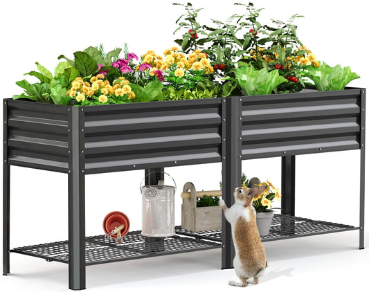 KING BIRD Large Raised Garden Bed with Legs & Storage Shelf Galvanized Elevated Planter Box for Backyard, Patio, Balcony, 600lb Capacity, Dark Grey 70.9x22.8x31.5 in