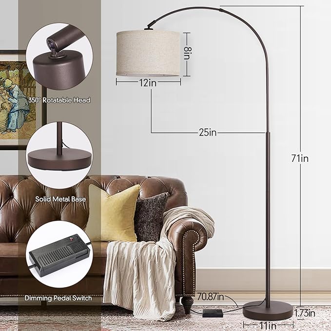 Dimmable Arc Floor Lamp, Floor Lamps for Bedroom, Farmhouse Standing Lamp with Adjustable Hanging Shade, Brown Tall Pole Lamp, Mid Century Floor Lamp for Living Room, Over Couch, 9W LED Bulb Included