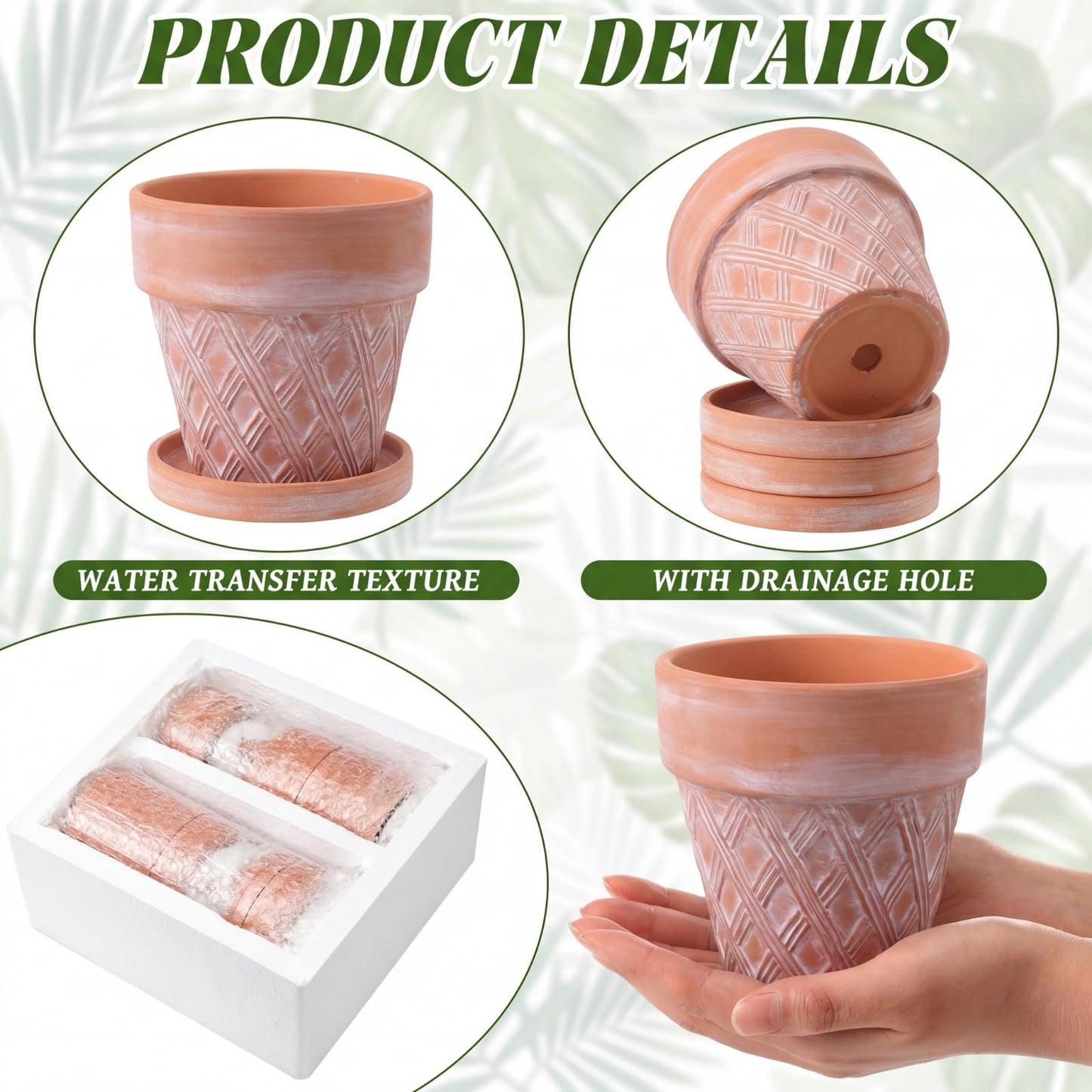 Maxdot Set of 6 Embossed Succulent Pots 4" Small Terracotta Pots with Drainage Hole and Saucer Rustic Clay Succulent Planter Pot Decorative Ceramic Cactu Flower Pot for Indoor Outdoor(Lattice Style)