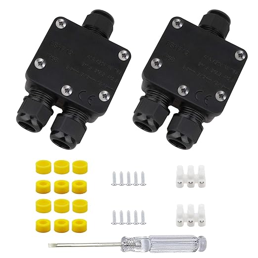 Helunsi 2 Pcs Waterproof Junction Box 3 Way, IP68 External Waterproof Electrical Junction Box, Black Underground Junction Box Outdoor Cable Connector, for Diameter 5mm -15mm Wire Gland (Small)