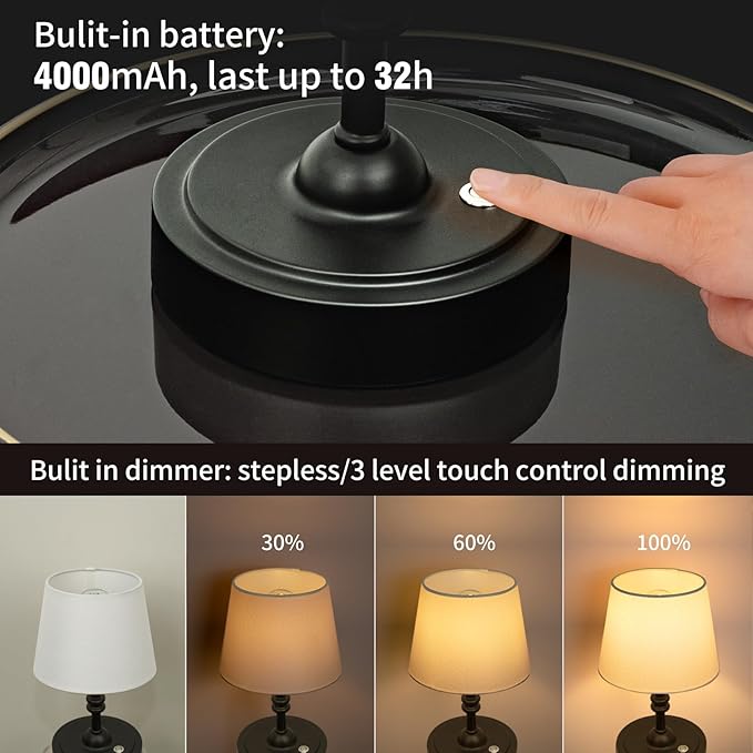ONEWISH 2 Pack Small Cordless Lamp, Battery Operated Table lamp Dimmable, 4000mAh Rechargeable, Touch Bedside Lamp with White Fabric Shade, 2700K Bulb Included, for Dining, Patio, Bathroom(Black)