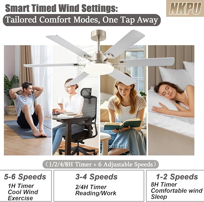 56 Inch Ceiling Fans with Lights, Large Modern Nickel Ceiling Fan with Light and Remote Control, 6 Double Sided Blades, 6 Speed DC Motor, Dimmable LED, Silent Timing, Indoor Outdoor Patio Use