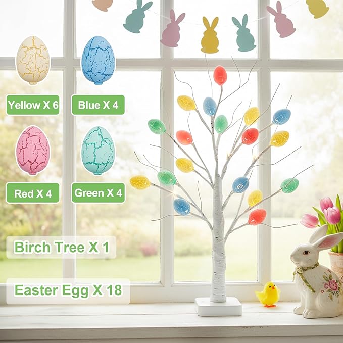 PEIDUO Easter Decorations, 22 inch Easter Tree with 24 LED Warm White, Battery Powered Egg Tree for Spring Home Table Decor