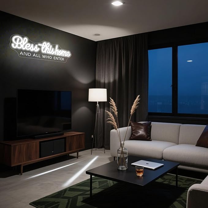 Bless This Home And All Who Enter Neon Sign for Wall Decor Dimmable God LED Neon Light Christian Decor for Prayer Room Home Bedroom Jesus White Positive Religious Wall Art Size 16.5 * 6.1in(GLNP213)