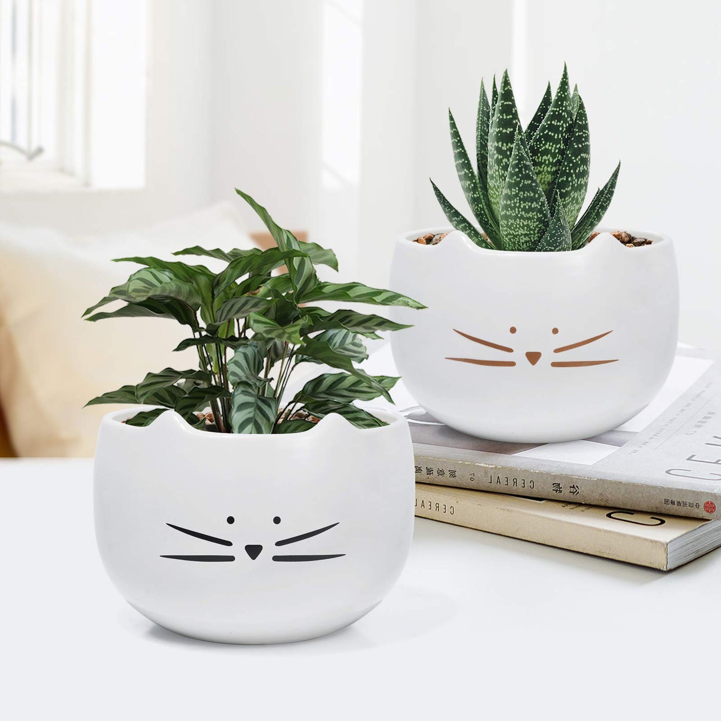 Koolkatkoo 5.5 Inch Cute Cat Succulent Planter Pots Cactus Planters Flower Pots White Set of 2