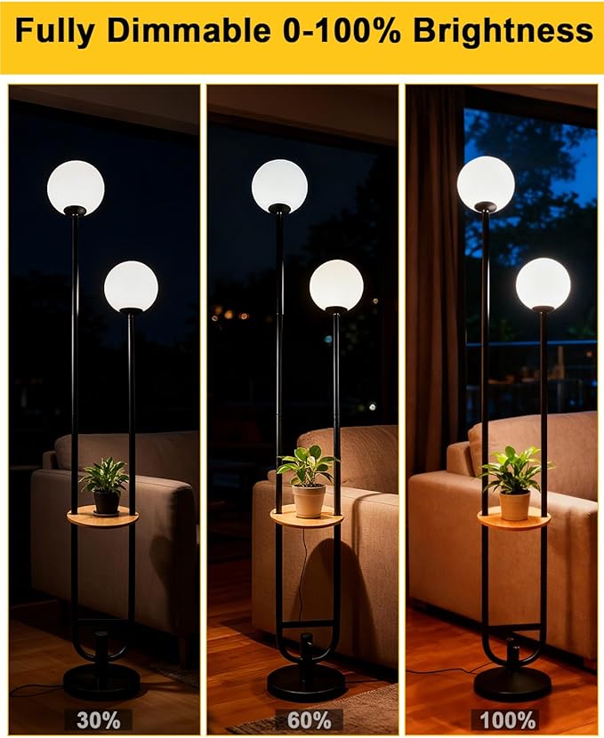 63IN 2-Globe Floor Lamp Dimmable Tall Standing Lamps with Table 3000K Warm White Unique Vintage Modern Mid Century Floor Lamp for Living Room-Black