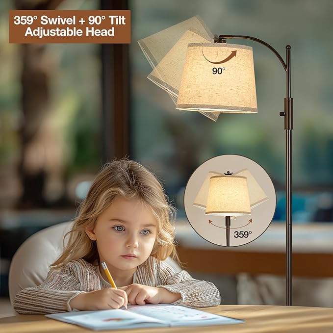 AIDENOEY Fully Dimmable Floor Lamp for Living Room，Standing Lamp Rotary Switch with Table&Linen Beige Shade，Brown Tall Lamps for Bedroom with Adjust Head，9W LED Bulb Included