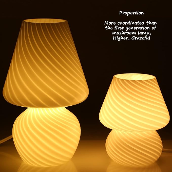 BSOD Taller Mushroom Lamp, Upgrade White Table Lamp Romantic 12' Vintage Swirl Mid-Century Design Classics Glass Home Decor Bedside Lamps for Living Room Bedroom Room Gift