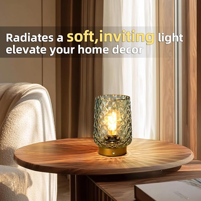 MJ PREMIER Cordless Rechargeable Table Lamp, Dimmable Portable Night Light with Diamond Facet Design 1800mAh Battery Operated Lamp for Bedside Patio Outdoor Home Decor, Emergency Gift for Women Green