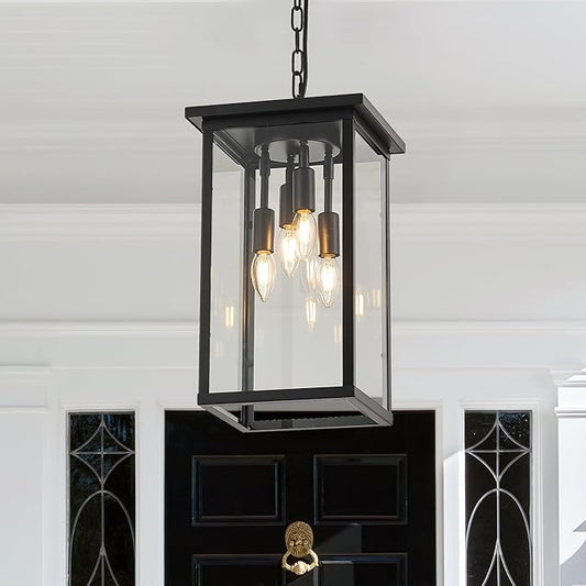 10" Modern 4-Light Exterior Black Square Lantern Pendant Light Fixture with Clear Glass Industrial Hanging Cage Chandelier for Outdoor Porch Kitchen Island Dining Room Hallway Entryway Foyer