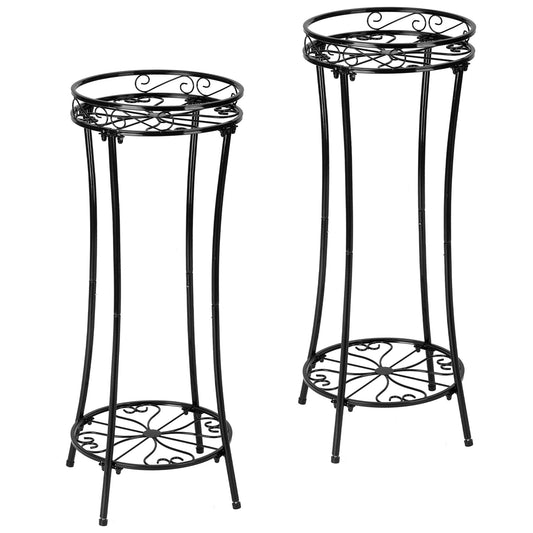 Plant Stand Indoor Outdoor 2 Tier 29" Tall Metal Heavy Duty Rustproof Plant Shelf, Round Multi Tier Flower Pot Holder for Garden Patio Balcony Black set of 2