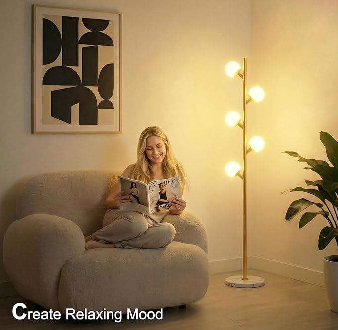 Fiqevs 5 Globe Floor Lamp for Living Room, Mid Century Gold Modern Standing Lamp with Orb Frosted Glass Shade and 5 LED Bulbs, Elegant Tree Tall Lamp for Bedroom Office - Antique Brass