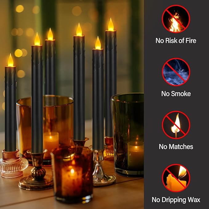 Flameless Taper Candles 10.6" Dripless Battery Operated Taper Candles Included Remote Timer 400+ Hours by 2AA Batteries for Halloween Christmas Wedding (Black, 6 Pack)