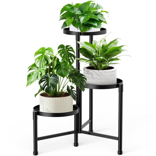 JOPBENG 3 Tier Corner Plant Stand Indoor Outdoor, Metal Plant Shelf with 10 Inch Wide Tray,Flower Pot Display Holder Iron Rack Organizer Stand for Living Room Office Garden Patio Balcony Black