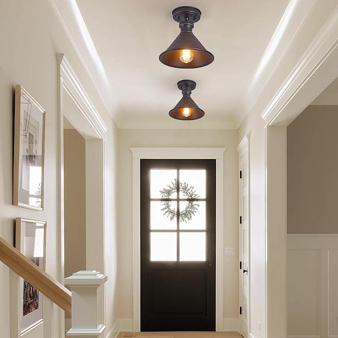 9.2" Industrial Semi Flush Mount Ceiling Light,Vintage Hammered Pattern Cast Aluminum Shade,1-Light E26 Classic Lamp,Oil Rubbed Bronze Farmhouse Lighting for Hallway Kitchen Entryway.