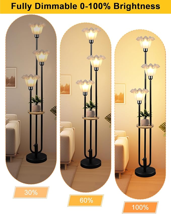 Lightdot Flower Floor Lamp for Living Room, Dimmable Vintage Floor Lamp with Shelf& Bulbs Included, 3 Light Warmwhite Mid Century Black Floral Standing Tall Lamp for Bedroom/Sofa Beside/Corner Decor