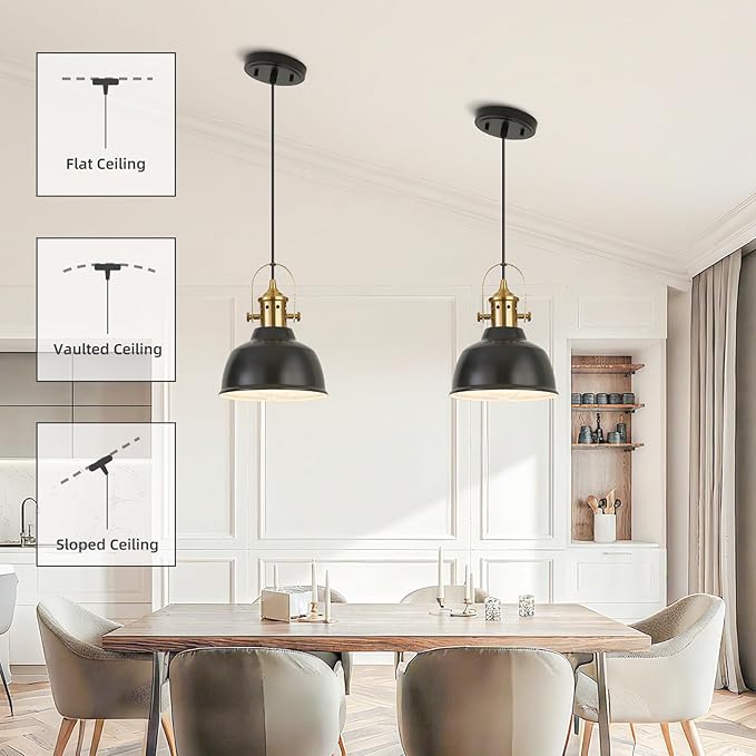 Farmhouse Small Pendant Lights, Black Pendant Lighting for Kitchen Island, lndustrial Adjustable Height Hanging Light for Barn, Dining Room, 2 Pack