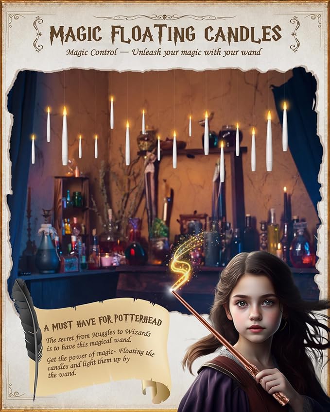 24 Pack Floating Candles with Wand Remote -Christmas Hanging Candle,Magic Flameless Taper Candles Floating Lights Gifts for Halloween Decorations Wedding Birthday Party Decor