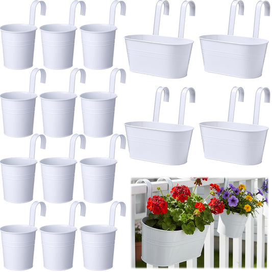 Romooa 16 Pcs Hanging Flower Pots Planters for Outdoor Metal Iron Wall Flower Planter Baskets for Railing Fence Balcony Garden Yard Home Indoor Decoration with Detachable Hooks(White)