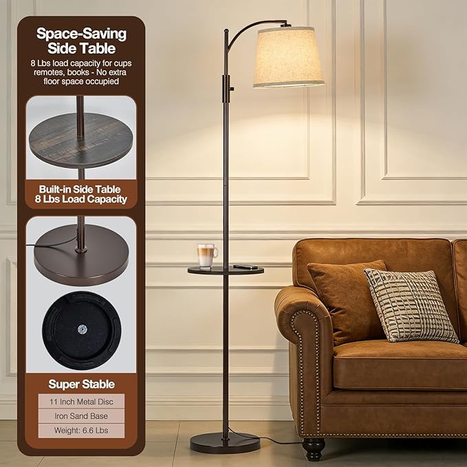 AIDENOEY Smart Floor Lamp with Side Table | Stepless Dimming, RGB Multi-Color | Adjustable Swivel Head | Voice Control with Alexa & Google Assistant |Brown Lamp for Living Room,Bedroom,Home Office