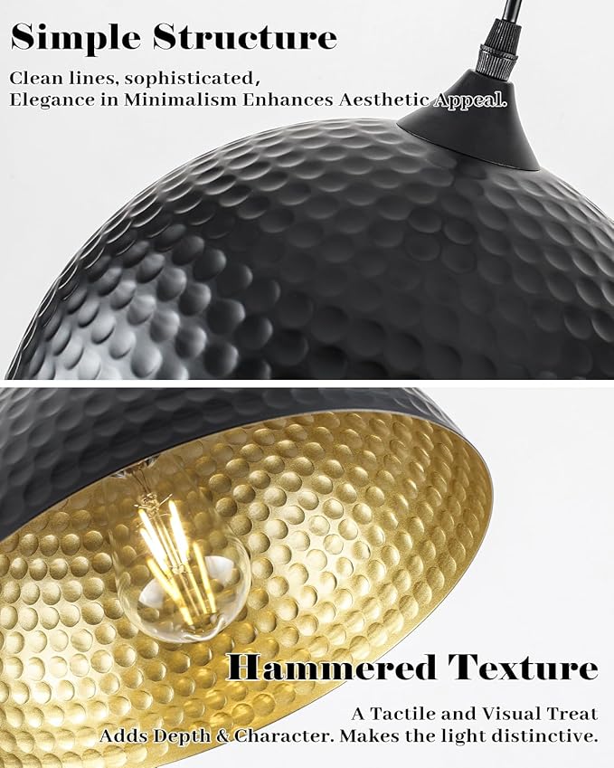 Hammered Dome Pendant Light 1 Pack, Black and Gold Pendant Light,12 Inch Metal Industrial Pendant Lights, Kitchen Island Pendant Lights for Kitchen, Dining Room, Bar
