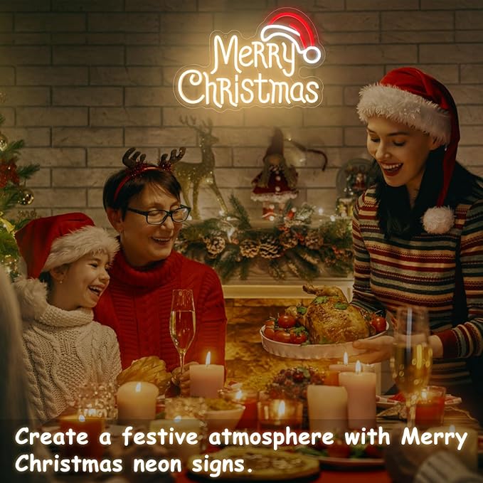 Merry Christmas Neon Signs, Warm White Christmas Neon Light with Santa Hat,USB Powered Dimmable LED xmas Lights Sign for Bedroom Home Living Room Party New Year Festival