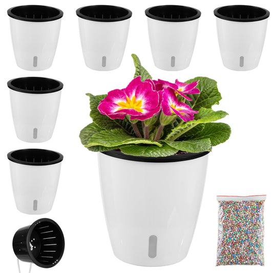 Planterhoma 5 Inch Self Watering Pots for Indoor Plants, 6 Packs African Violet Pots with Indicator, Black Wick Pot with Drainage Holes, Self Watering Planters for Orchid, Devil's Ivy, White