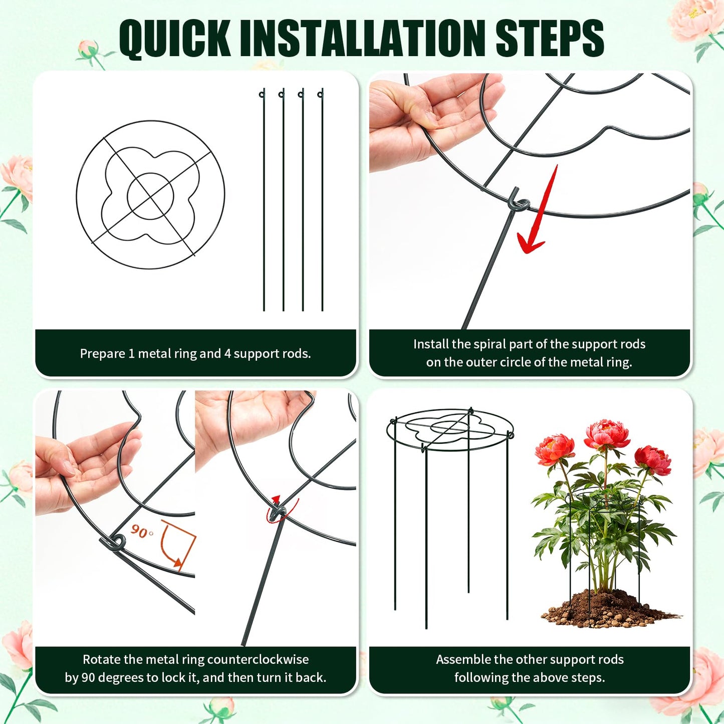 4 Pack Peony Cages and Supports, Grow Through Flower and Plant Supports, 13" Dia x 31.5" High Metal Peony Rings Hoops with Stake, Peony Support Cage for Dahlia, Rose Bush, Hydrangeas, Peonies, Tomato