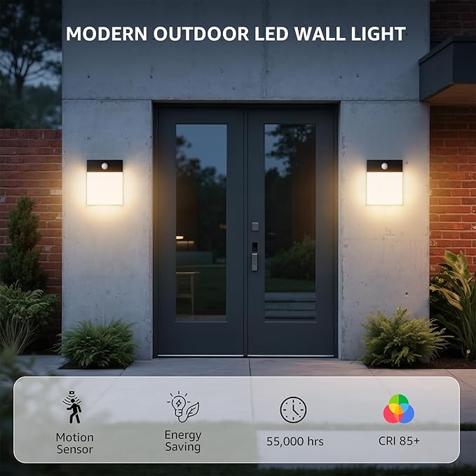 Aoceeley Modern Outdoor Led Wall Light with Motion Sensor,24W 3000K Porch & Patio Light,Exterior Hardwired Wall Light Fixtures,IP65 Waterproof Square Wall Lamp for Garage, Front Door(Black,1-Pack)