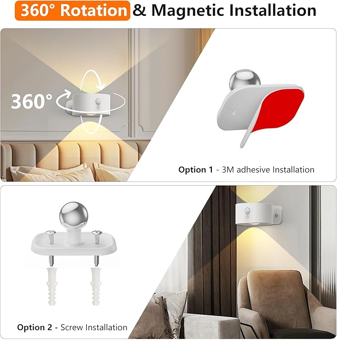 Motion Sensor Wall Light Indoor, Battery Operated Sconce 360°Rotate, Rechargeable Cordless Night Light, Touch Dimmable 3 Brightness, UP Down LED Wall Lamp for Stairs, Closet, Bedroom, Bathroom