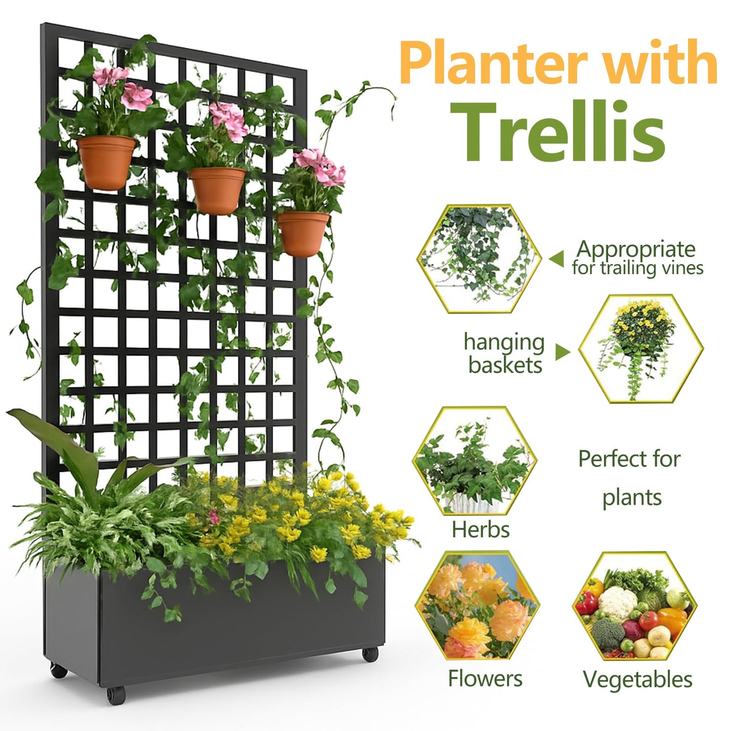 GarveeLife Metal Planter Box, with Square Lattice Trellis Planter Box, for Climbing Plants and Vines, Galvanized Raised Garden Bed On Wheels, Garden Bed with Trellis(72 in x35 in Black)